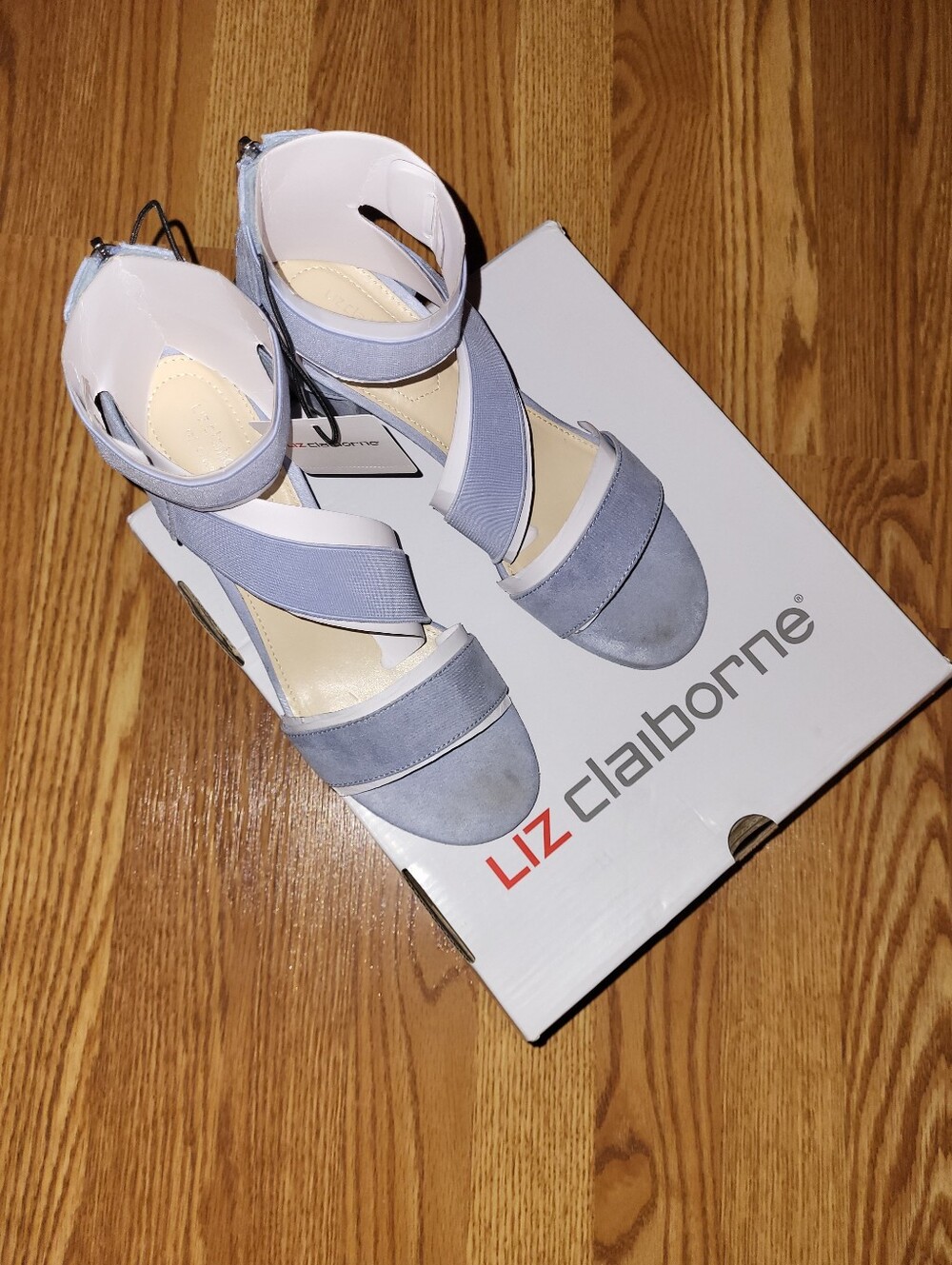 Liz Claiborne Cornflower Light Dusty Blue Suede & Elastic Strap Heels, Size 8